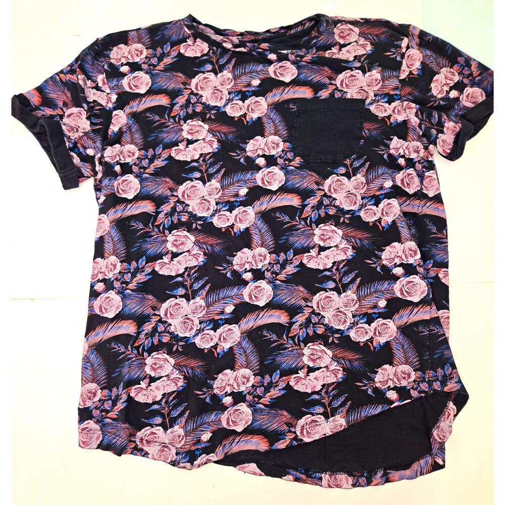Amnesia Unisex Black Pink Blue Floral Pocket Short Sleeve Crew Neck Tee L